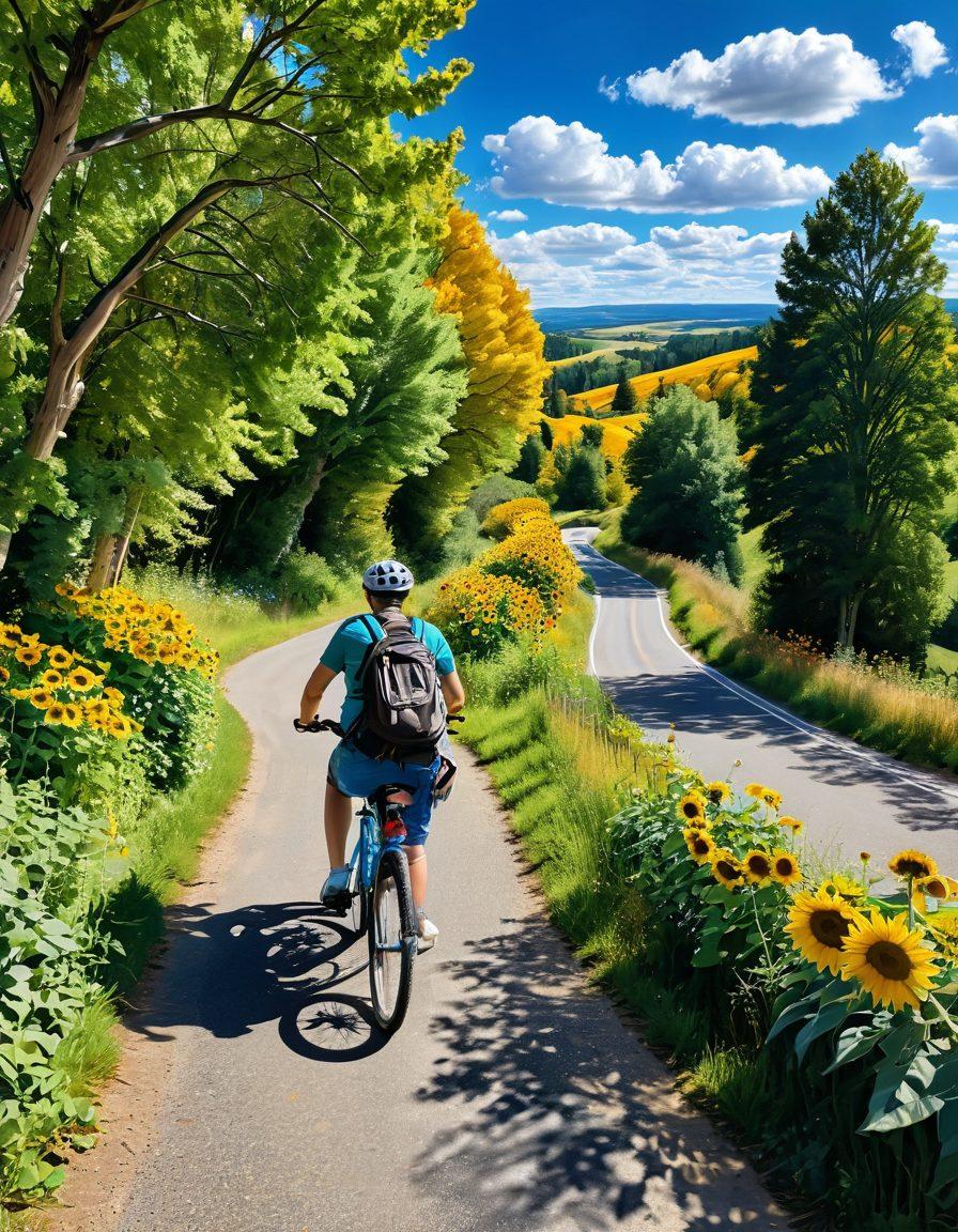 A winding road through a picturesque landscape, dotted with cheerful sunflowers and vibrant green trees; a bright blue sky with fluffy clouds above, and happy people of diverse backgrounds walking and biking along the path, embodying joy and connection. super-realistic. vibrant colors. peaceful scenery.