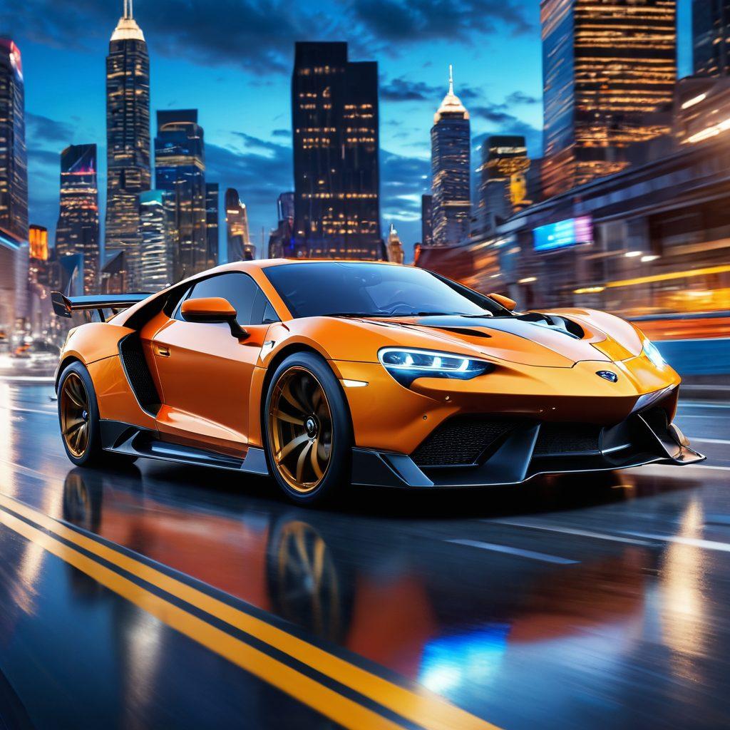 An automotive transformation scene depicting an average car morphing into a high-performance vehicle, set against a backdrop of a vibrant cityscape. Show dynamic elements like gears and speed trails to emphasize enhancement, with a diverse group of people admiring the vehicle's evolution. The lighting should be dramatic, showcasing a blend of day and night. super-realistic. vibrant colors. 3D.
