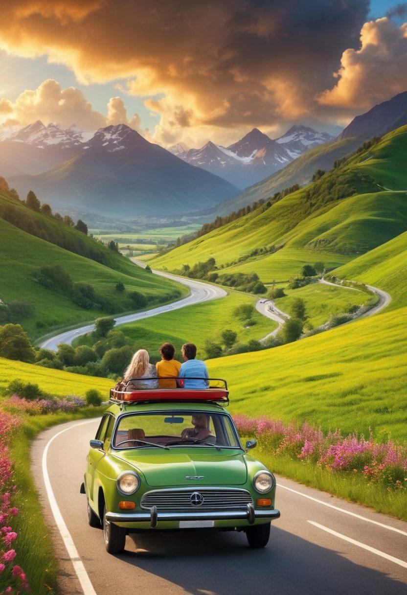 A scenic road winding through lush green hills, with a joyful family in a bright, modern car, laughing and enjoying the journey together. Include vibrant sun rays breaking through the clouds and a playful dog sticking its head out of the window. The background should feature a picturesque landscape with blooming flowers and distant mountains. vibrant colors. super-realistic.